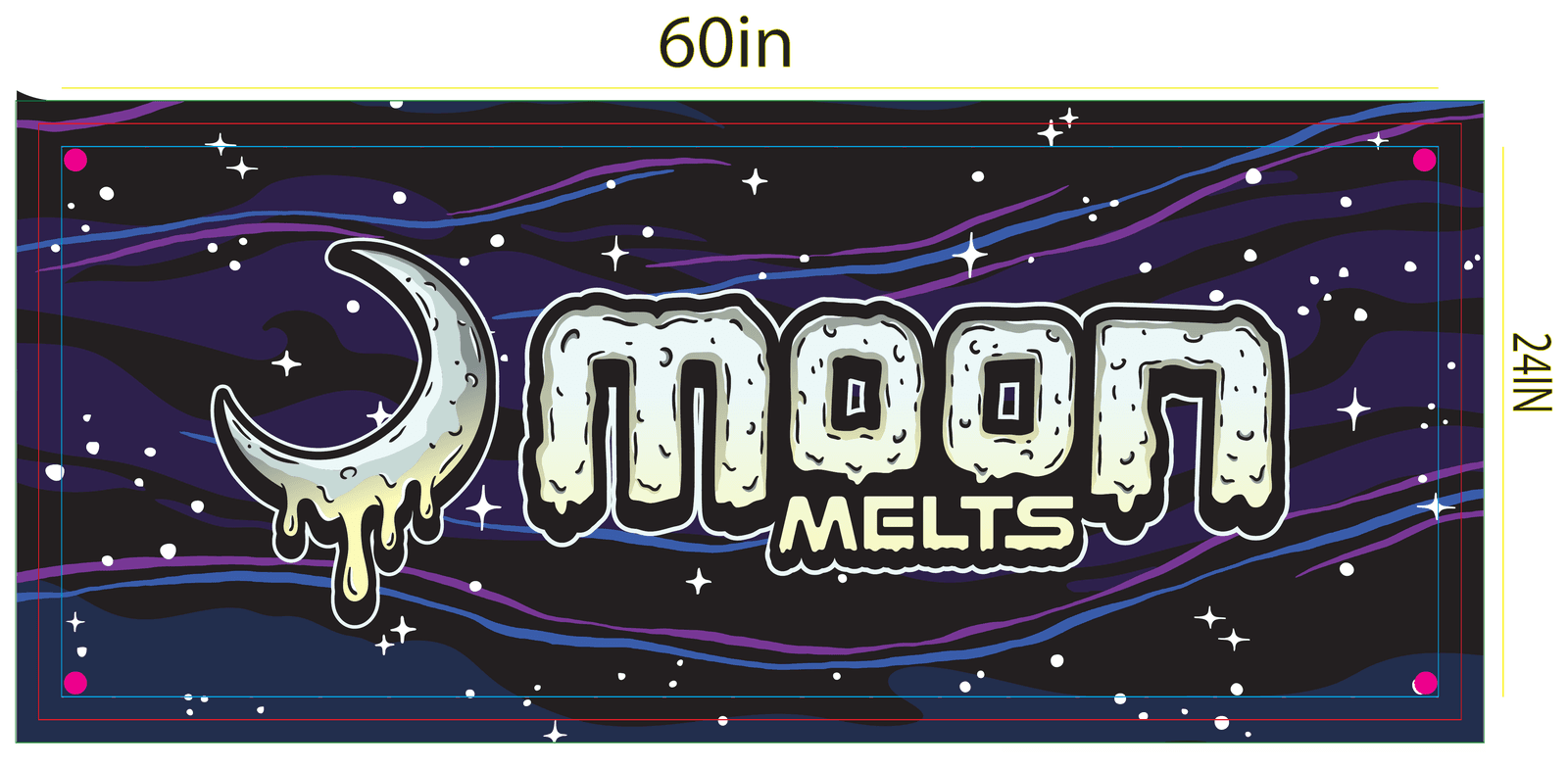 A banner design proof: a crescent moon and lettering on a starry night sky, with the width, height and grommet positions marked