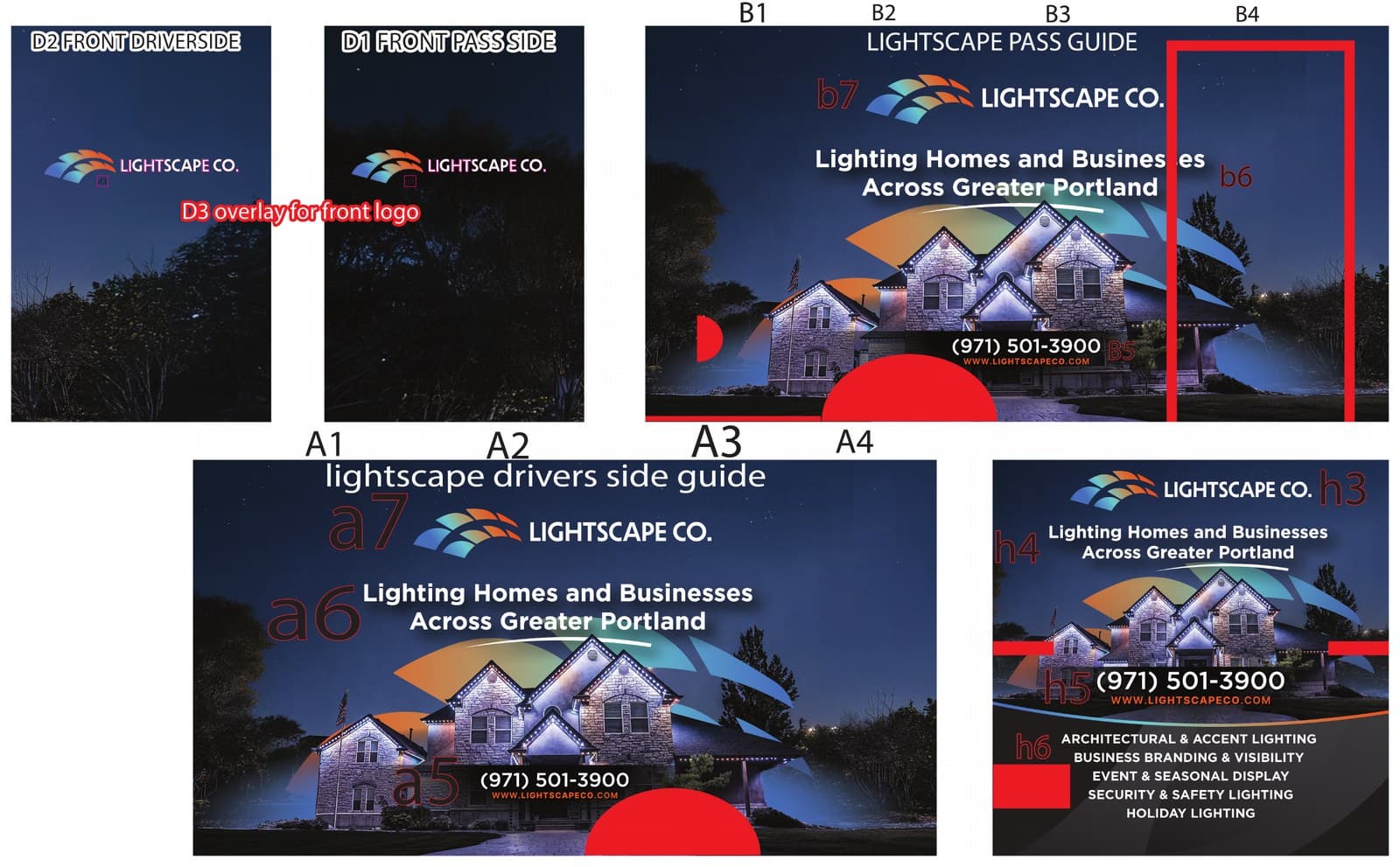 The trailer wrap's artwork laid out as five flat panels, each marked with its position on the trailer