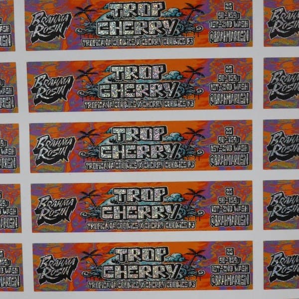 A printed sheet of long rectangular product labels, row after row